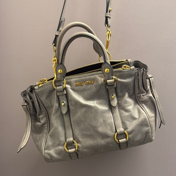 Miu Miu Taupe Leather Satchel with Gold Accents - Picture 2 of 3